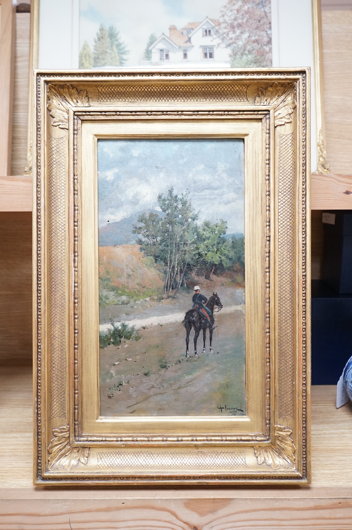 Scuola Napoletana Barone, 'Cavalleggero', signed, oil on canvas, 33 x 17cm, ornate gilt frame